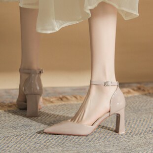 裸色高跟鞋女2025新款漆皮尖头粗跟凉鞋中空一字带单X鞋黑色工作