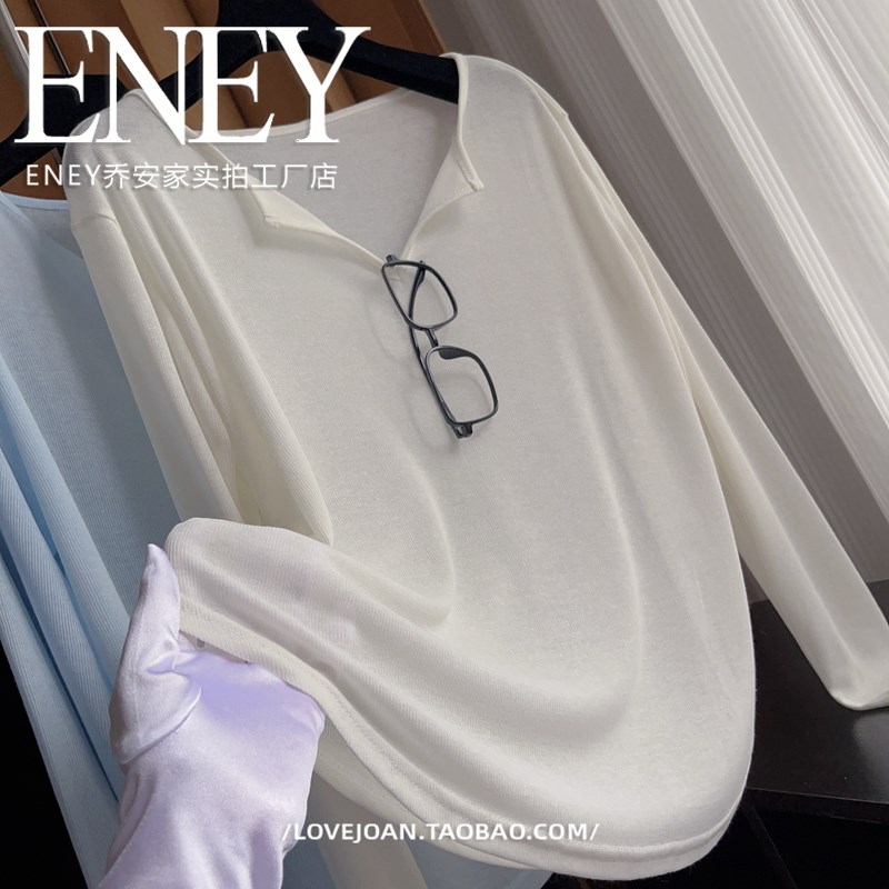 ENEY微胖遮肚子~垂感宽松防晒罩衫纯色大版长袖V领显瘦TZ恤大码胖