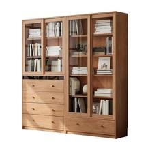 全实木客厅书柜一体整墙带玻璃门推拉门落地组合书架储物柜展示柜