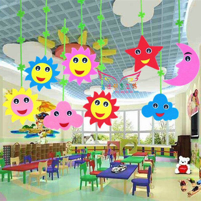 商场幼儿园装饰品教室走廊环境布置挂饰双面太阳笑脸云朵空中吊饰