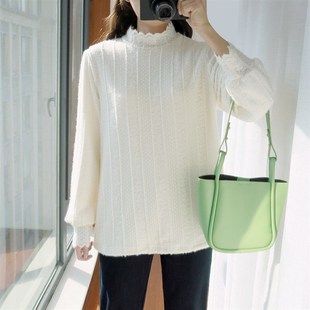 大码蕾丝打底衫女胖mm秋冬新款正肩加绒J加厚保暖木耳边半高领内