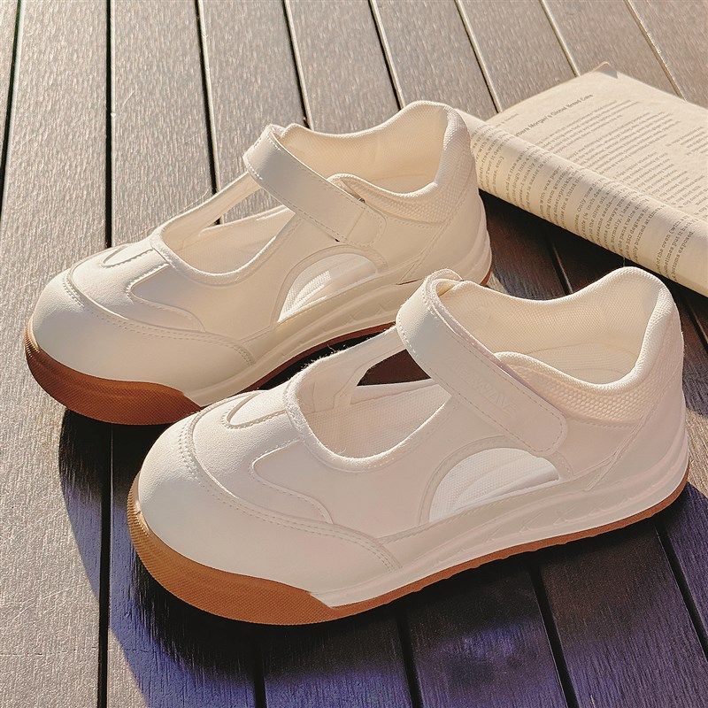 小白鞋女款2025新款夏季透气网面薄款魔术贴软底不累脚玛丽珍凉鞋