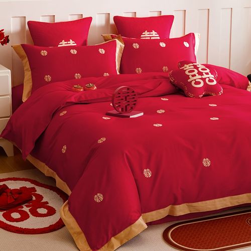 中式婚庆床上四件套全棉大红色婚房纯棉喜字刺绣被套陪嫁喜被床单