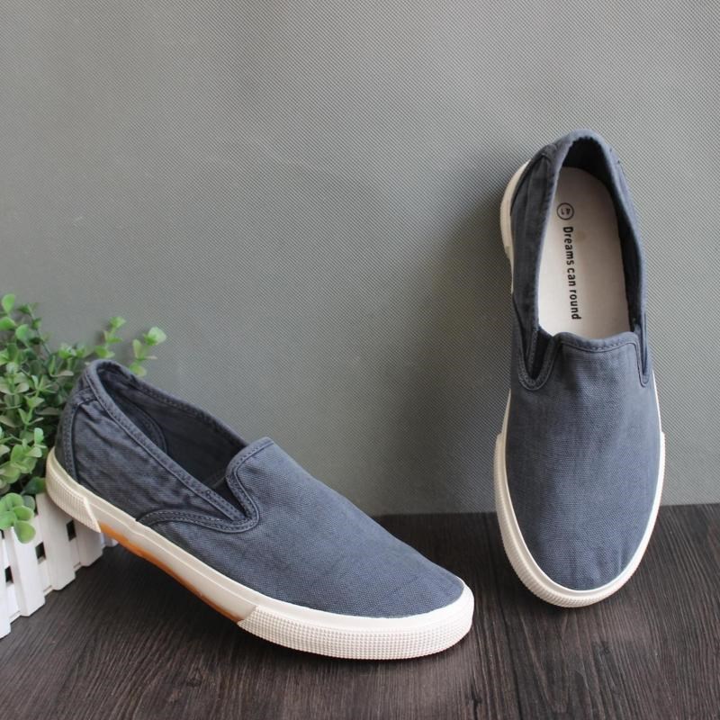 韩版新款流行男鞋帆布鞋男士一脚蹬懒人鞋水洗做旧黑灰色