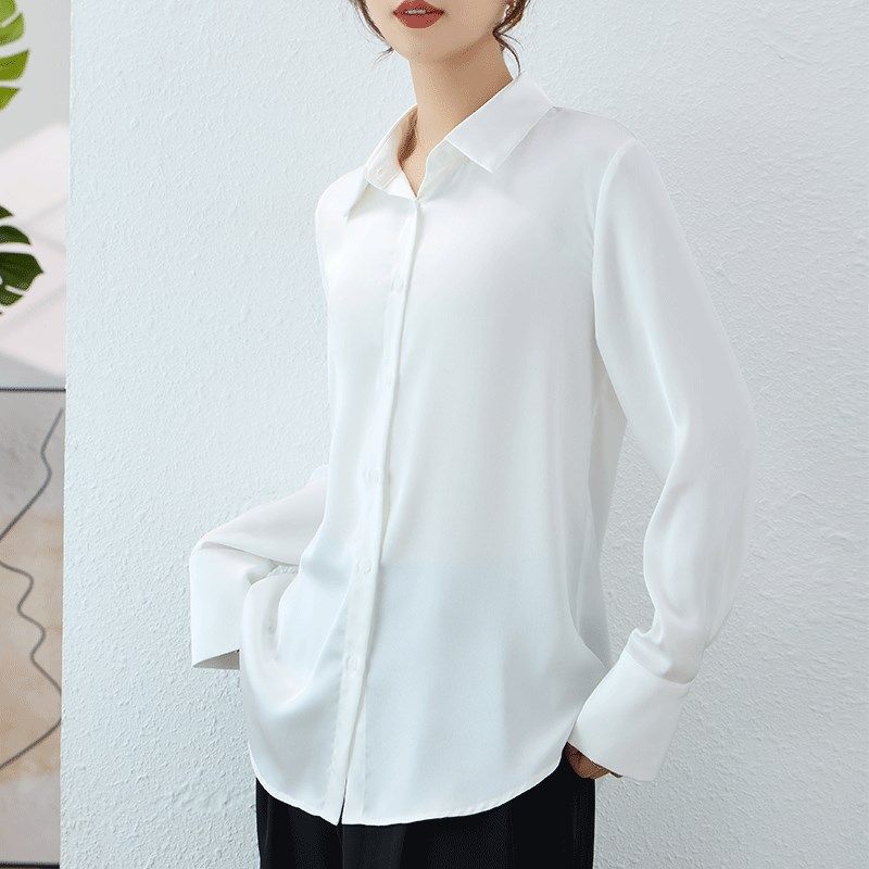 抗皱免烫醋酸缎面白衬p衫女宽松慵懒风垂坠感大码衬衣长袖叠穿春