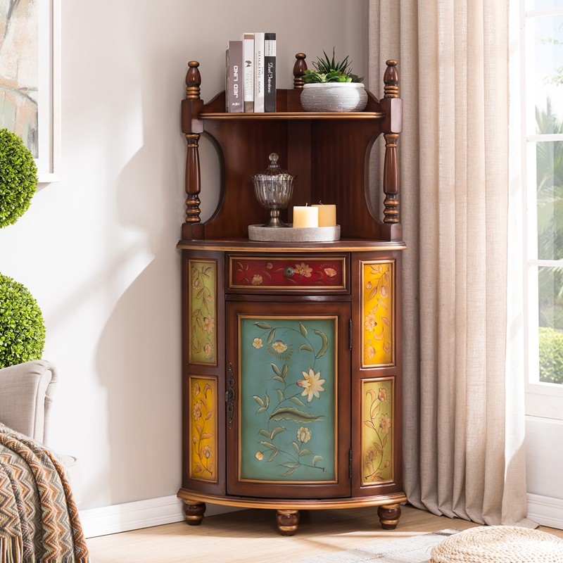 欧式角柜实木美式玄关拐角柜子墙角柜转角柜子酒柜置物架整装彩绘