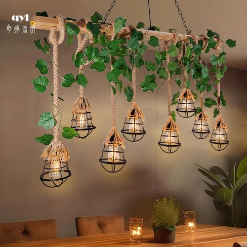 木头麻绳吊灯美式乡村工业风民宿餐厅饭店吧台餐桌花店商铺长条灯