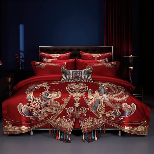 高端婚庆四件套长绒棉大红刺绣龙凤新结婚房喜被全棉纯棉十件