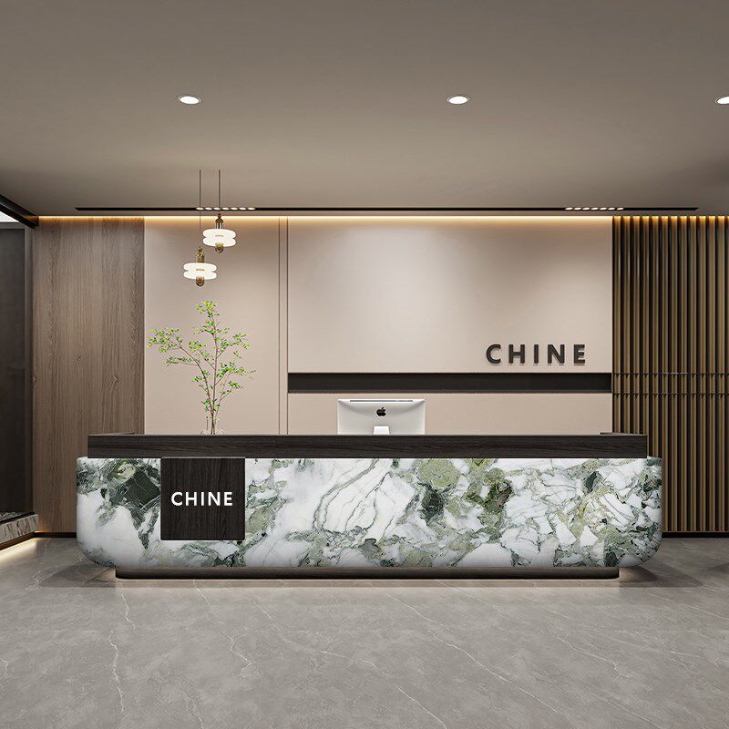 公司前台酒店大堂圆弧接待台不锈钢收银台彷大理石纹贴面吧台