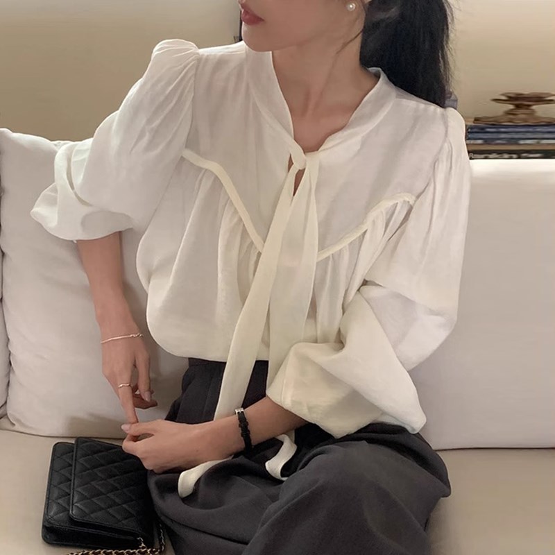 韩国chic秋季优l雅气质V领系带两穿拼接褶皱感宽松百搭长袖衬衫女