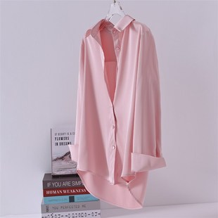 高级感醋酸缎面衬衫女士粉色衬衣免烫抗皱大码显瘦宽松.垂感遮屁
