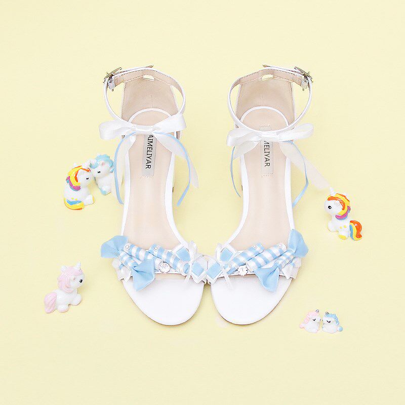 夏季粗跟露趾中空蓝色丝带蝴蝶G结学生白色女高跟凉鞋新