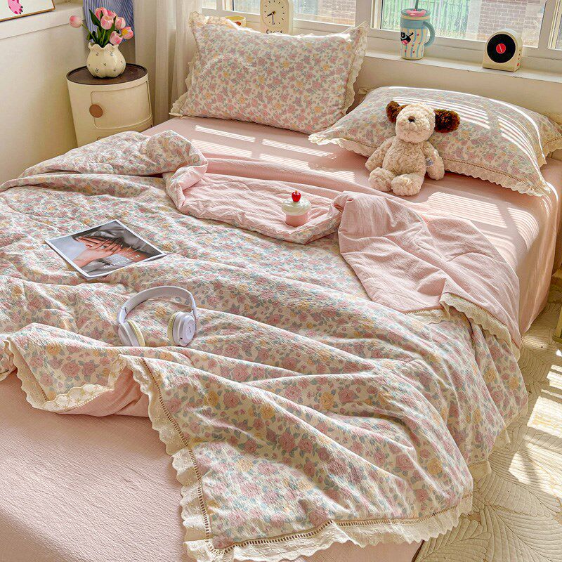 木棉皱皱纱全棉花边款夏被四件套法式少女公主风裸睡空调被夏凉被