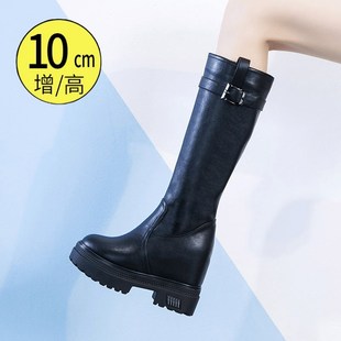 10cm高跟皮靴厚底内增高筒靴中长靴子长筒靴O女小个子加绒棉靴秋