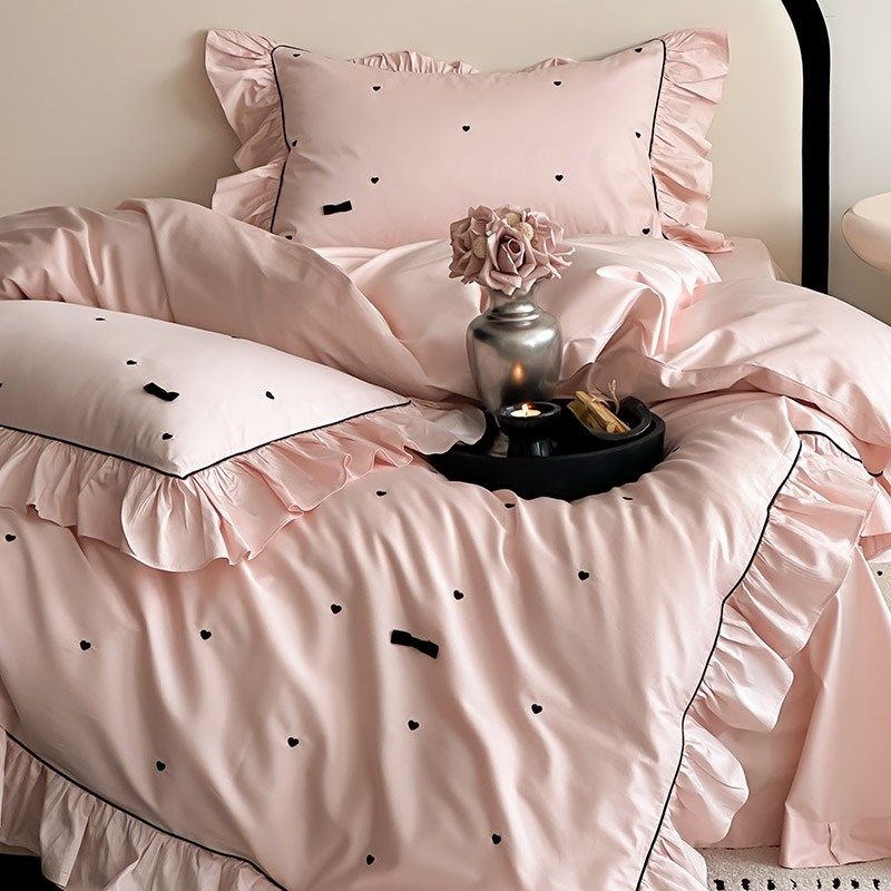 少女心100S长绒棉床单四件套全棉爱心刺绣纯棉荷叶边被套床上用品,床上用品,床品套件/四件套/多件套,淘宝优惠券,粉丝福利购,淘宝优惠卷