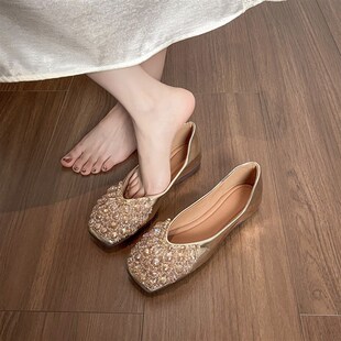 韩系温柔仙女方头浅口闪闪水钻平底鞋精致伴娘鞋气质新娘Z婚鞋大