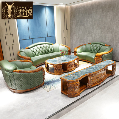 2024新款乌金木真皮沙发客厅茶几电视柜组合三件套家具新中式别墅