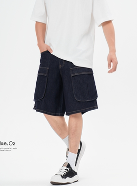 BlueO2夏季莱赛尔轻薄牛仔五分裤男宽松直筒丹宁原色破洞美式短裤