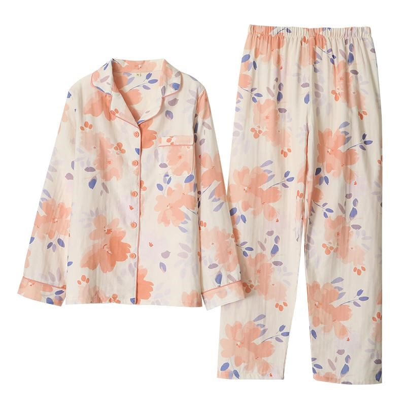 出口大花朵睡衣女士纱甜美翻领长袖长裤小众款家居睡眠服清新