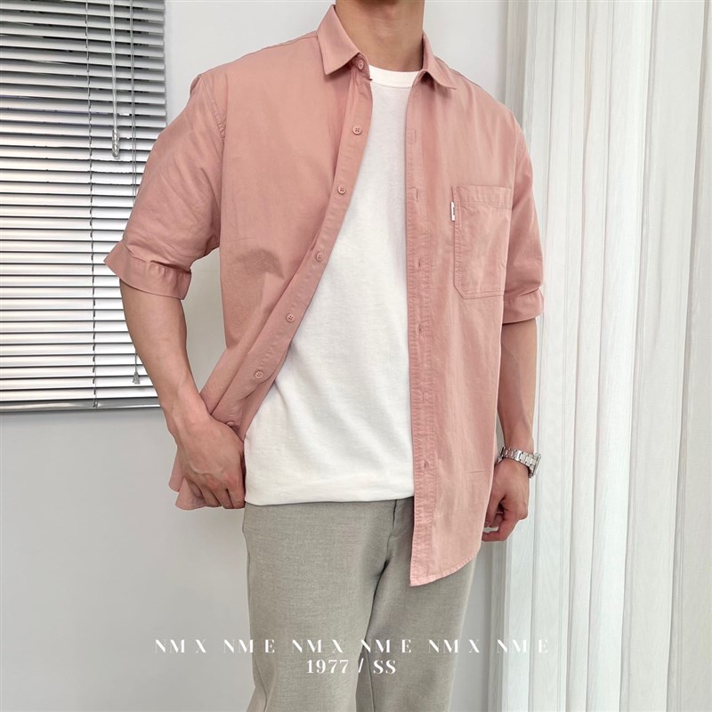 GuXi 夏季日系简约休闲短袖衬衫男士百搭休闲基础款纯色中袖衬衣