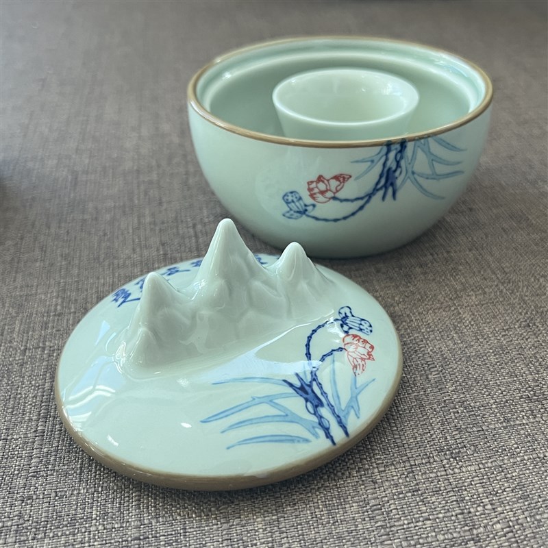 青瓷陶瓷青花釉里红荷花诗文小鱼多功能墨池砚台带Z盖墨盒笔搁