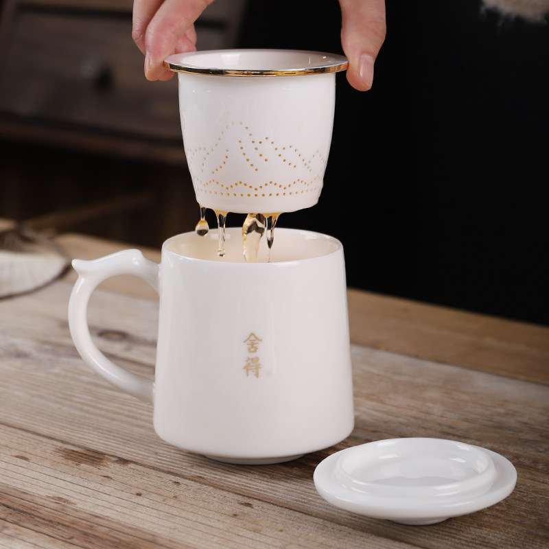 茶水分离羊脂玉茶杯办公杯白瓷水杯E大容量泡茶陶瓷杯子定制马克