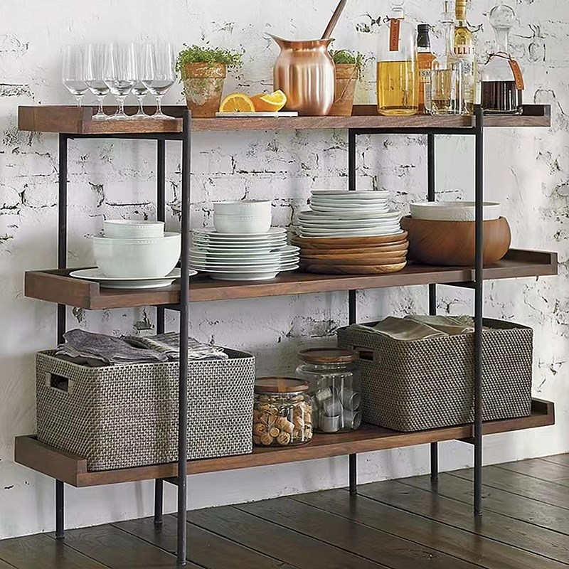 简约现代铁艺实木书架落地搁板置物架餐边柜家用陈列架收纳展示架
