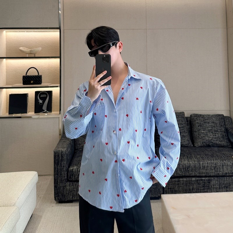 春夏时尚气质蓝条纹爱心印花设计感长袖衬衫男韩版垂感网红衬衣潮