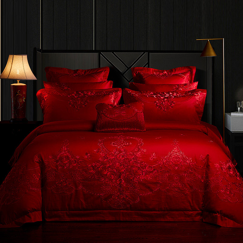 四件套婚庆大红色纯棉全棉结婚用1.8m床新婚刺绣T被套婚房床上用