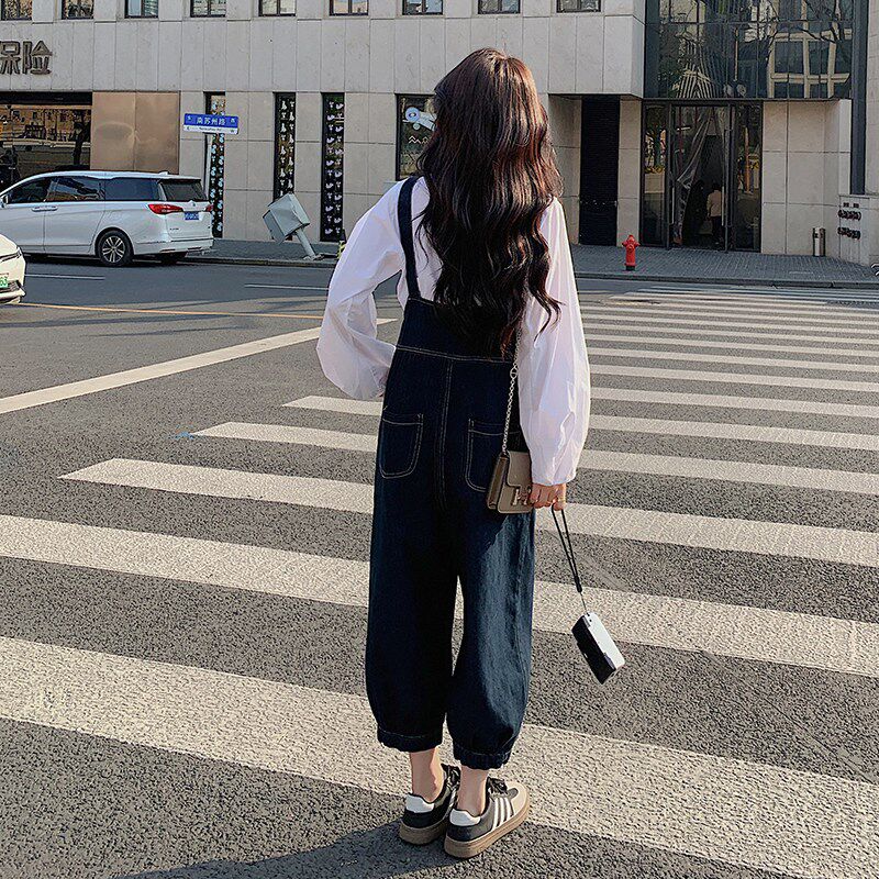 牛仔背带b裤女春秋季2025新款韩式学院风小个子网红减龄套装两件