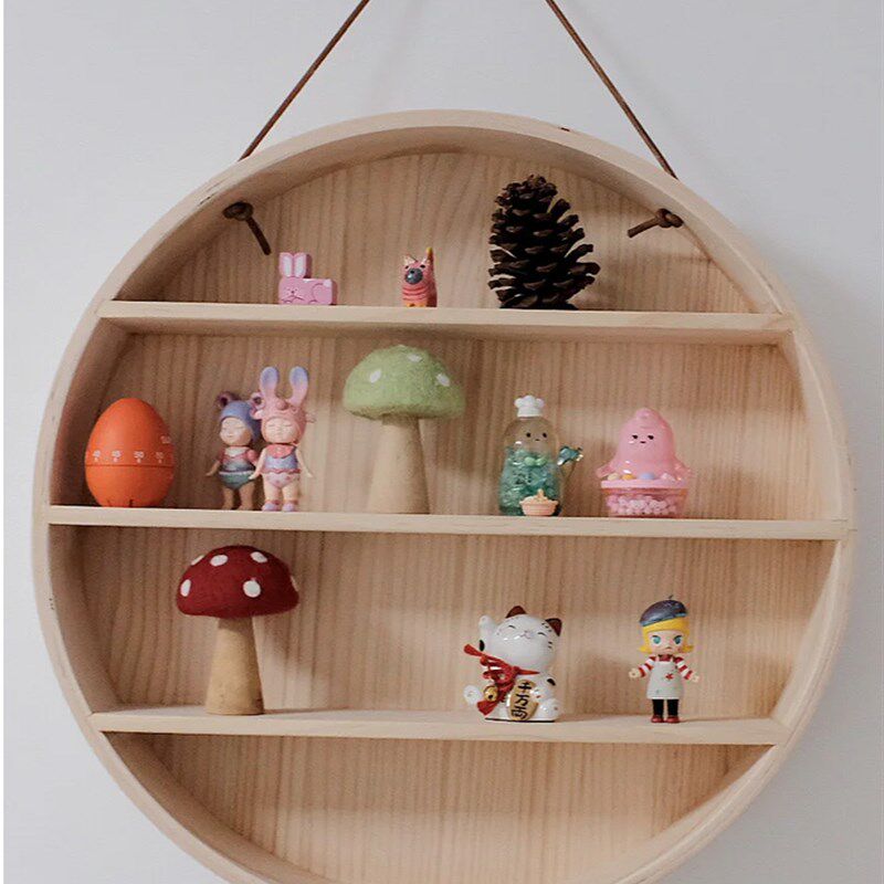 儿童房圆形壁挂式背景墙装饰木制储物架展示动物饰品多层储物架