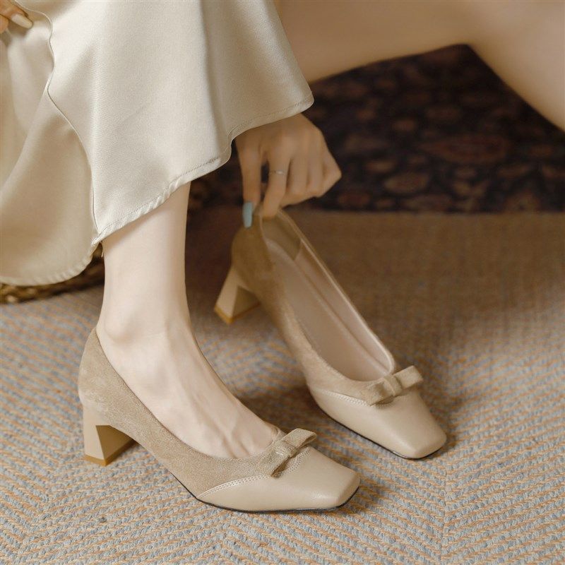 粗跟单鞋女2025新款中跟方头杏色高跟鞋女气质高级不累脚伴娘婚鞋,女鞋,浅口单鞋,淘宝优惠券,粉丝福利购,淘宝优惠卷