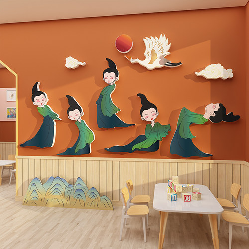 国潮风飞天壁画背景墙面装饰环创主题墙成L品高端幼儿园教室文化