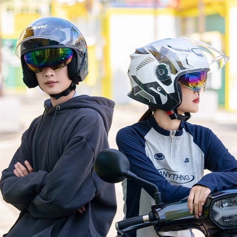 国标摩托车春秋冬双镜片3/4盔超轻四分之三头盔机车护耳男女春夏