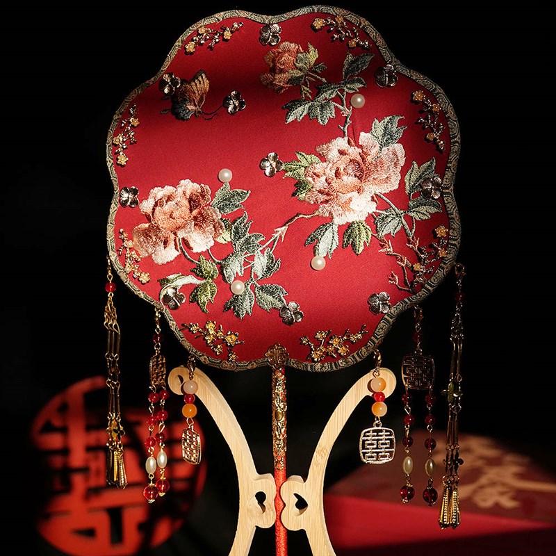 刺绣双面重工绢丝扇面新娘团扇diy材料包结婚送礼成品结婚团扇