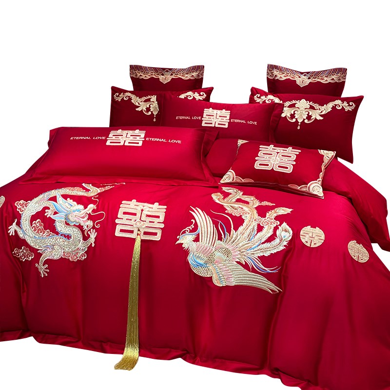 中式婚庆四件套红色刺绣婚房婚礼绣花喜被结婚被套床上用品