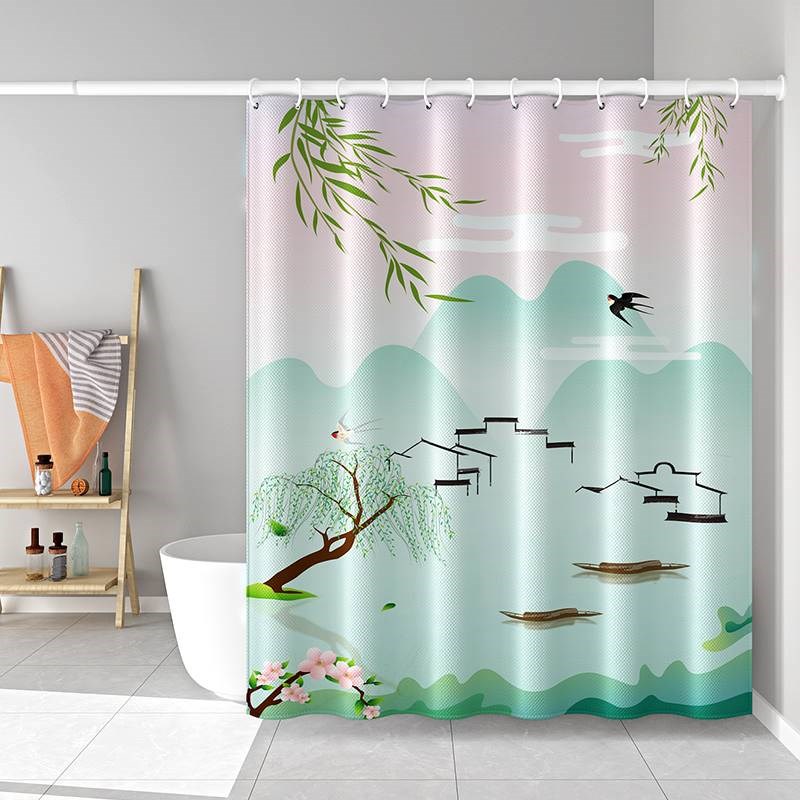 新款中国风浴室浴帘套装免打孔加厚防水防霉布帘卫生间隔断帘窗帘