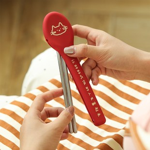 蓝莲花便携餐具不锈钢筷子勺子收纳盒一人食外带办公室吃饭上班族