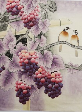 工笔画葡萄斗方国画手工精品手绘中式客厅字画无款画没题款z0008