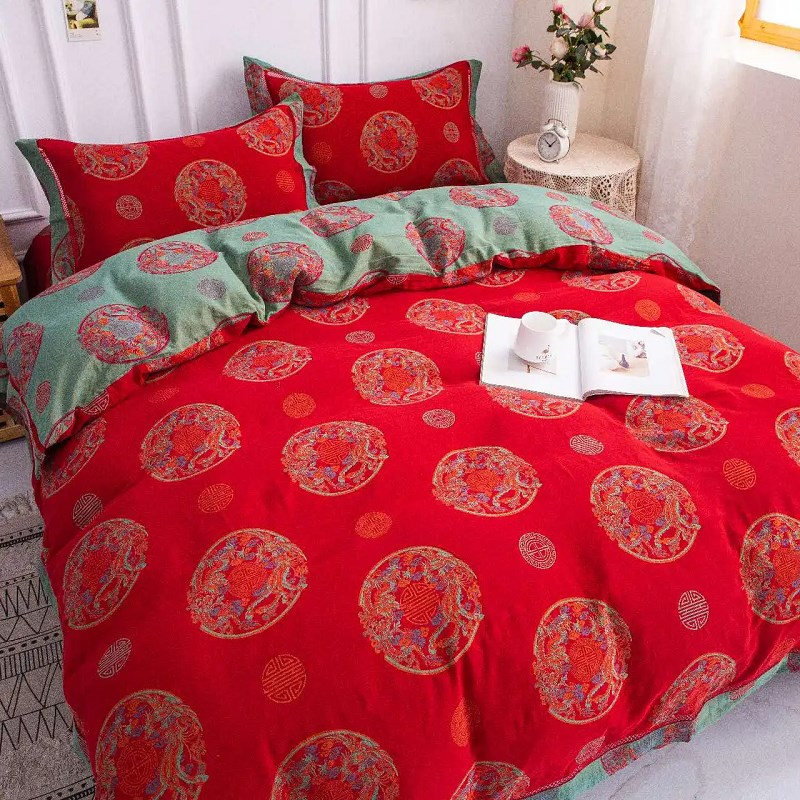 红色婚庆全棉双层纱四件套纱布龙凤被套大红结婚床上用品