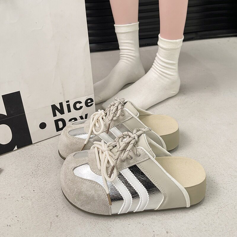 小众厚底德训鞋女款2026春夏季新款圆头运动休闲鞋拼色包头半拖鞋