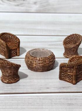 迷你仿真藤椅桌子椅子diy小摆件微景观盆景桌面造景装饰微缩桌椅