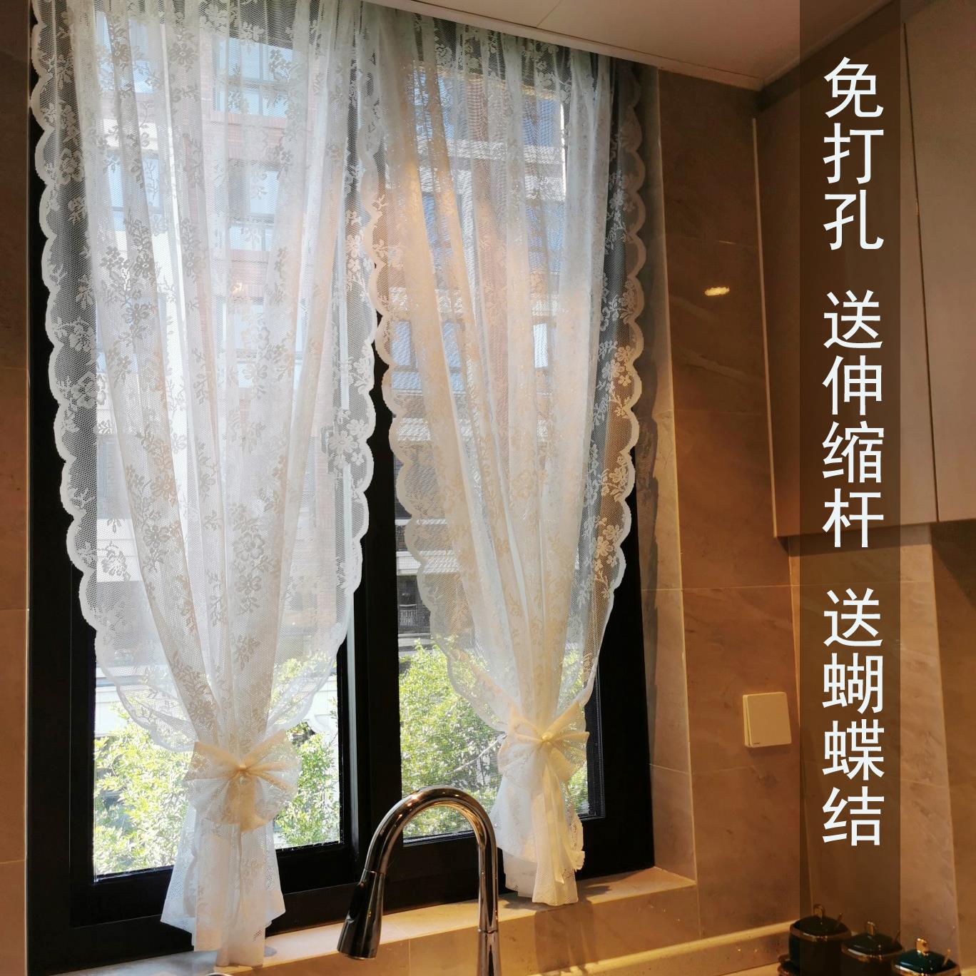 免打孔韩式蕾丝窗帘门帘厨房半帘短门帘隔断白色纱帘穿杆帘送伸缩