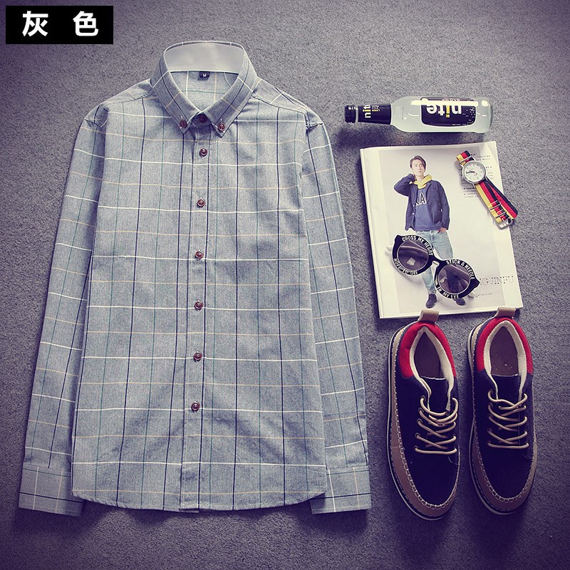 法娅茜格子长袖男装衬衫修身棉英伦风休闲百搭新款衬衫男式收腰寸