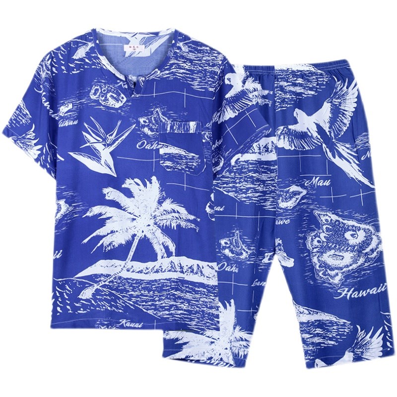 男士棉绸套装夏季舒适睡衣短袖七分裤绵绸家居服青年可外穿沙滩装