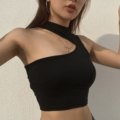 夏装新款超个性独特单侧大露肩不撞衫黑色无袖T恤女气质舞蹈上衣