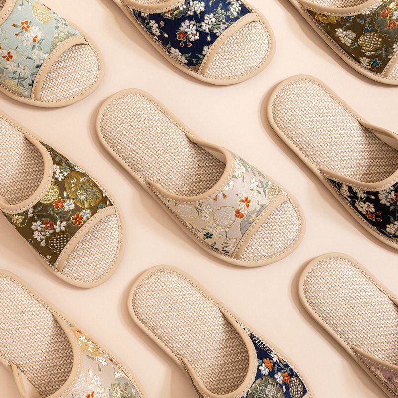 2024新款高级感中国风拖鞋女室内家居用防滑牛筋底刺绣亚麻凉拖鞋