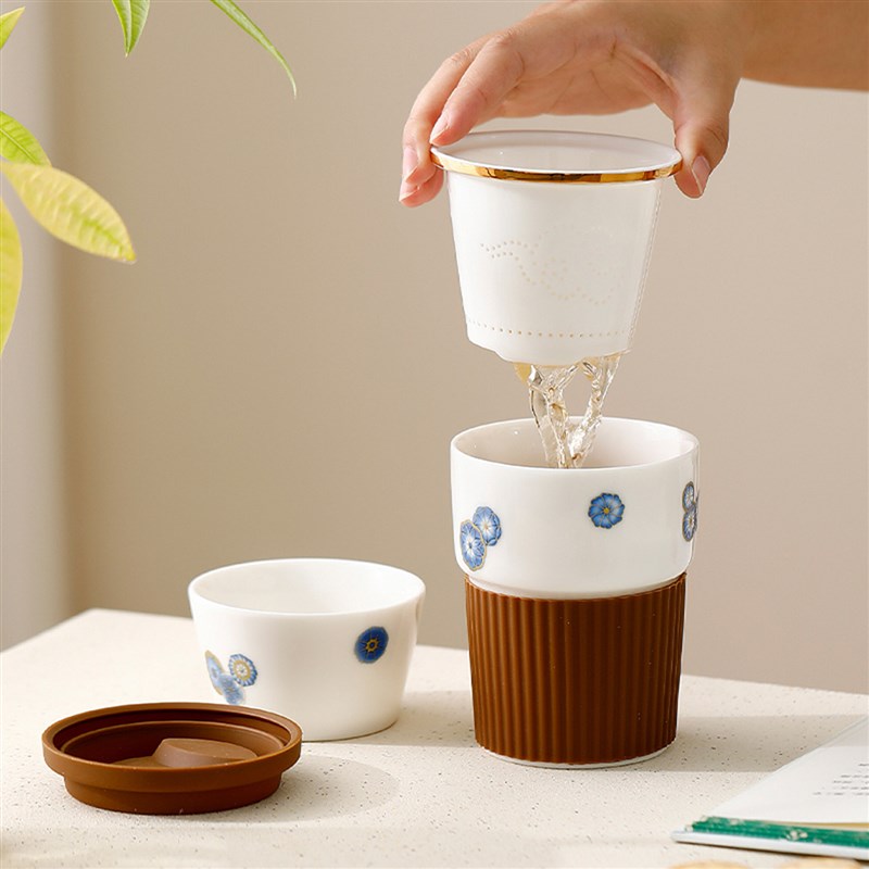 陶瓷羊脂玉白瓷水杯茶杯茶水分离泡茶杯女L士高颜值喝水杯子办公
