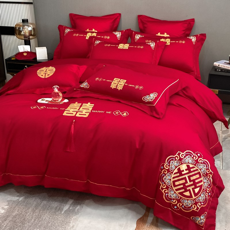 中式龙凤婚庆四件套结婚床上用品新婚房喜被陪嫁大红色被套床单笠