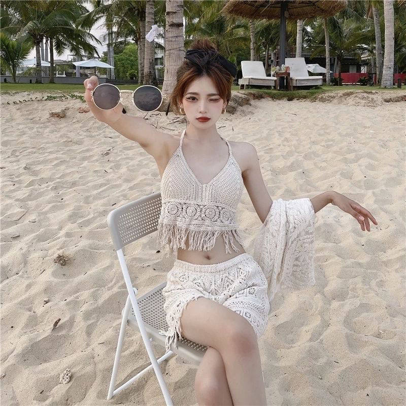 泳衣女网红风保守三件套仙白色甜小姐日韩少女泳装显瘦感日系